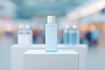 empty podium with drinks in foreground blurred people in background centered with copy space