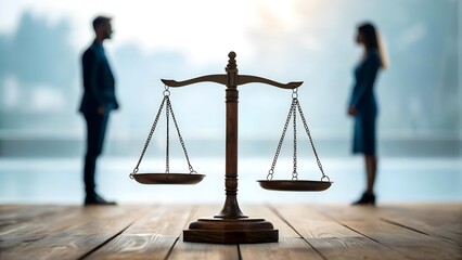 Wooden justice scales in focus with blurred male and female figures, symbolizing equality, balance in relationships and legal fairness