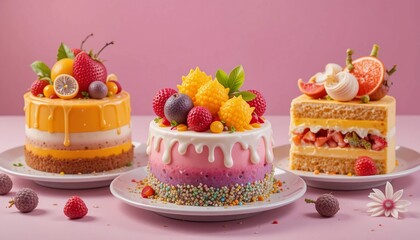 Colorful Fruit Decorated Cakes on a Pink Background