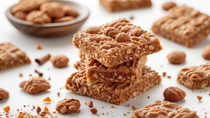 Fototapeta premium Brown Dessert Bars Stacked on White Surface. Cookies sit near wood bowl with more baked treats. Food photography, detailed surface texture.