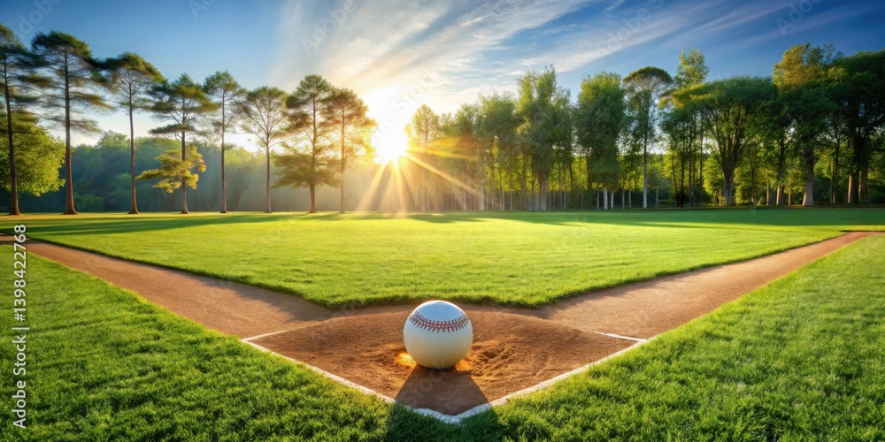 Poster a solitary baseball rests on the pitcher's mound at sunrise, bathed in the golden light filtering th