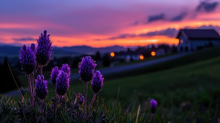 Obraz premium Purple flowers gracefully bloom during a beautiful sunset in the distance