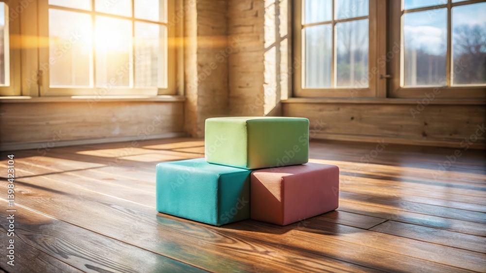 Poster Three pastel-colored cubic soft seating blocks arranged on a sunlit hardwood floor inside a bright room with large windows