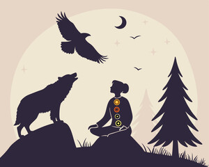 A meditating human figure with chakras aligned, surrounded by tribal animal spirits (eagle, wolf, bear) in silhouette style