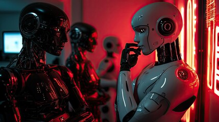 Artificial humanoids standing and interacting in a futuristic environment