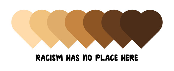 Gradient Hearts in Brown Tones with Anti-Racism Message, Gradient of Heart Icons in Various Brown Skin Tones, no to racism, vector illustration.