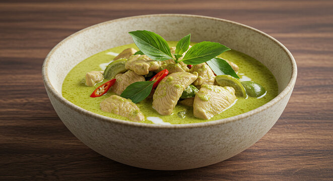 Thai green curry with chicken, coconut milk, and basil in ceramic bowl