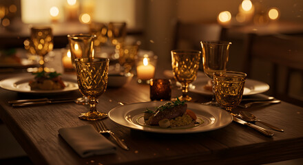 Elegant Dinner Setup with Vintage Glassware and Modern Cuisine