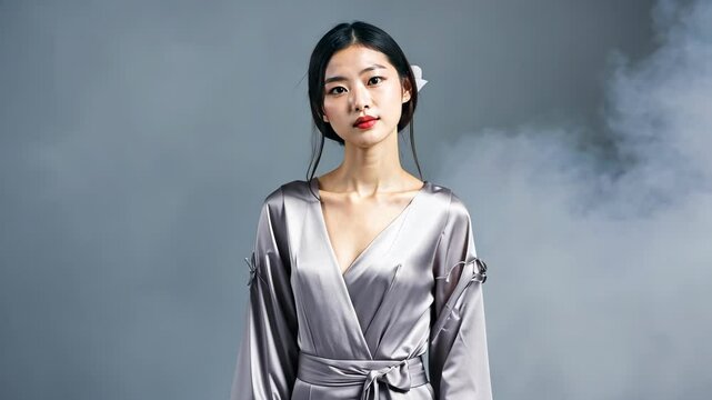 Elegant Asian woman posing in silk wrap dress, against a soft focus background with a hint of ethereal smoke