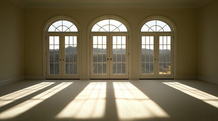 Obraz premium Three arched french doors let light into a beige colored room