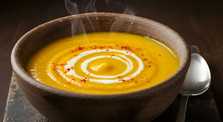Bowl Of Creamy Plant Based Butternut Squash Soup With Delicate Swirl
