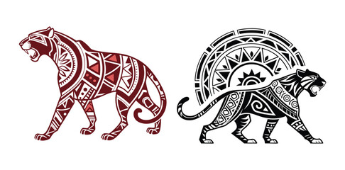tribal silhouette of a jaguar in an Aztec-inspired style, filled with intricate geometric patterns and bold lines, facing forward in a powerful stance