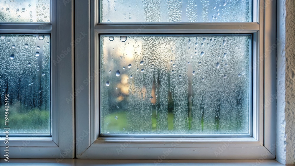 Poster Condensation on Window Pane A Close-Up View of Moisture Accumulation on Glass