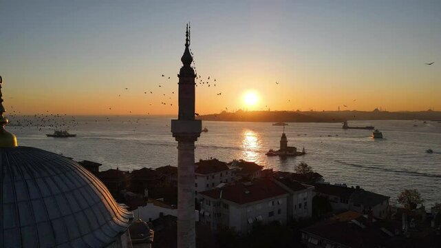  Starling Birds Group Dance in the Uskudar Valide Sultan Mosque Drone Video, Uskudar Istanbul, Turkiye (Turkey)
