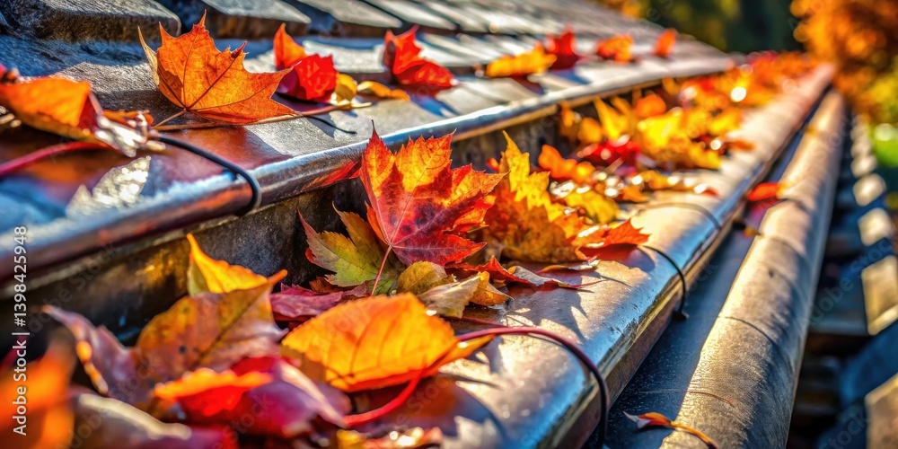 Aufkleber autumn leaves adorn rooftop gutter system a close-up view of vibrant fall foliage resting on a home'