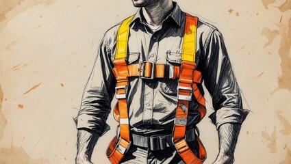 Ink drawing of person wearing orange and yellow safety harness. Figure is in collared shirt on beige textured background.