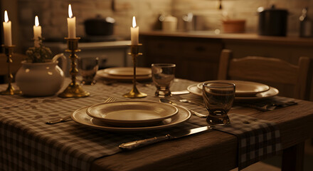 Obraz premium Elegant Rustic Dinner Setting with Vintage Cutlery and Ceramic Plates