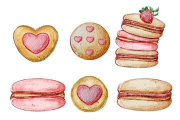 Watercolor Cookies: Heart Shapes, Strawberry Stack, Pink Filling.