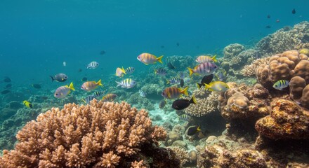 Underwater world with colorful fishes swimming over coral reef in tropical sea, marine life...