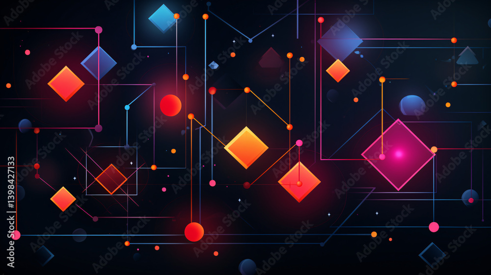 Poster geometric shapes on a dark, black background with neon glow, ideal for futuristic tech displays.
