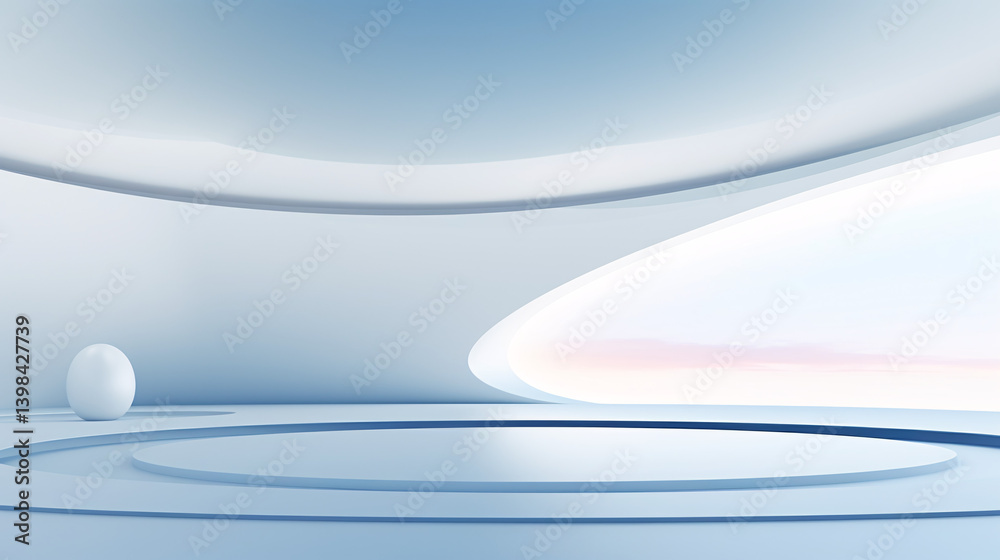 Poster A sleek and modern high-tech product display stage with curved circular shapes on a clean white and blue background, perfect for presentations, product showcases, or futuristic design concepts.

