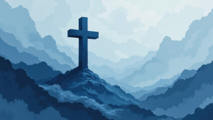 Obraz premium A cross on top of a mountain against a cloudy sky.