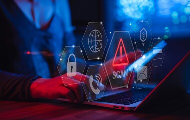 A person using their laptop with multiple red and blue holographic icons of security, augmented-shaped warning signs with the word "SCAM" on them, digital camera effects, dark background, blue 