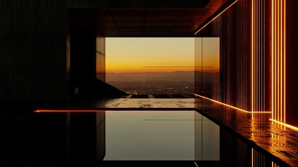 Obraz premium An abstract futuristic building featuring lights and reflections of sunset