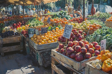 A vibrant portrayal of a bustling outdoor market filled with fresh produce.