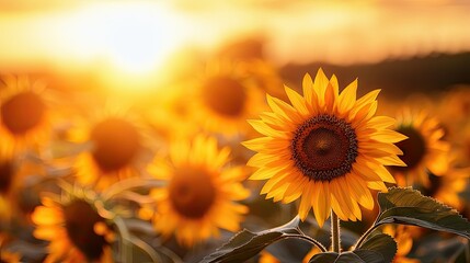Fototapeta premium Many bright sunflowers illuminated by warm sunlight during golden hour