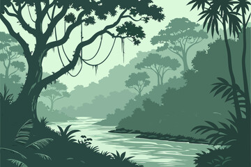 Fototapeta premium Dense Jungle River Landscape Vector Art for Nature Illustrations