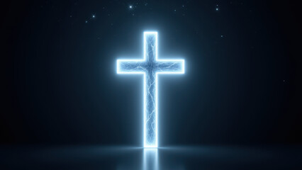 An illuminated Christian cross symbolizing faith and spirituality against a dark background with stars.