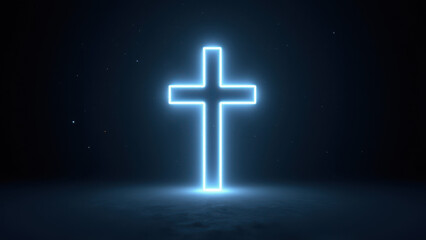 Fototapeta premium A glowing neon Christian cross against a dark starry sky background with cosmic space elements.