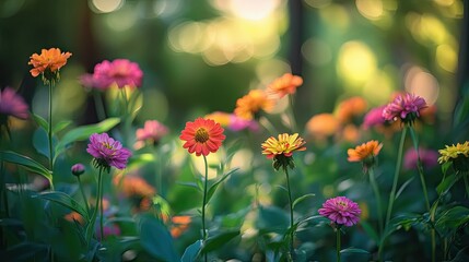 Beautiful garden scene with colorful blossoms and soft blurred backgrounds