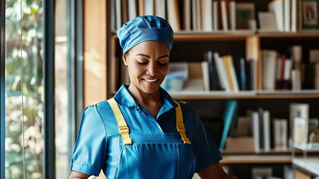 Smiling woman in blue uniform cleans library shelves while enjoying her work during daytime