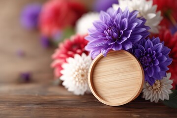 Fototapeta premium Beautiful colorful dahlia flowers are bordering a small empty wooden plate placed on a wooden table, perfect for product placement