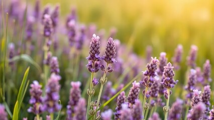 Obraz premium Delicate lavender sprouting from the ground in a summer field, flowers landscape, summer flowers