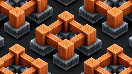 Repeating isometric pattern of brown wood on stone, construction or building material