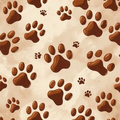 Obraz premium Brown paw prints pattern on beige background. Repeated paw print illustration in simple style with various sizes and arrangement.
