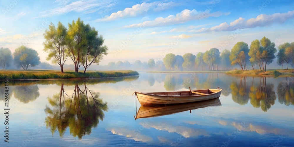 Poster serene morning mist on a calm lake with a rowboat at rest