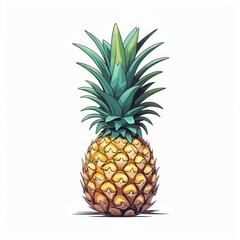 Fototapeta premium Pineapple fruit with green leaves isolated. Yellow textured skin. Fresh tropical fruit illustration on white background. Colorful food drawing
