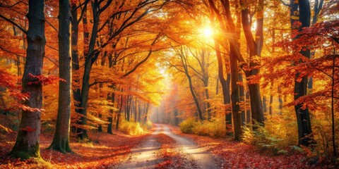 Naklejka premium Golden Sunlight Illuminates Autumnal Forest Path, Creating a Picturesque Scene of Vibrant Colors and Tranquil Atmosphere