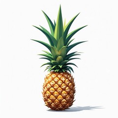 Fototapeta premium Pineapple illustration. Ripe yellow fruit with green leaves on bright background. Tropical fruit with textured skin and spiky leaves casts shadow.