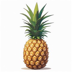 Fototapeta premium Pineapple illustration. Whole fruit with green leaves on top. Still life of tropical yellow spiky fruit. Food close up on white background.