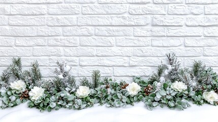 Winter Wonderland: A Festive White Brick Wall Adorned with Frosty Greenery and Elegant White Flowers