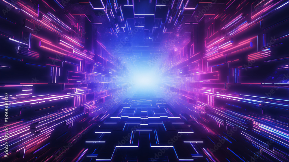 Poster striking techy design with glowing purple and blue cubes, futuristic architecture, perfect for digit