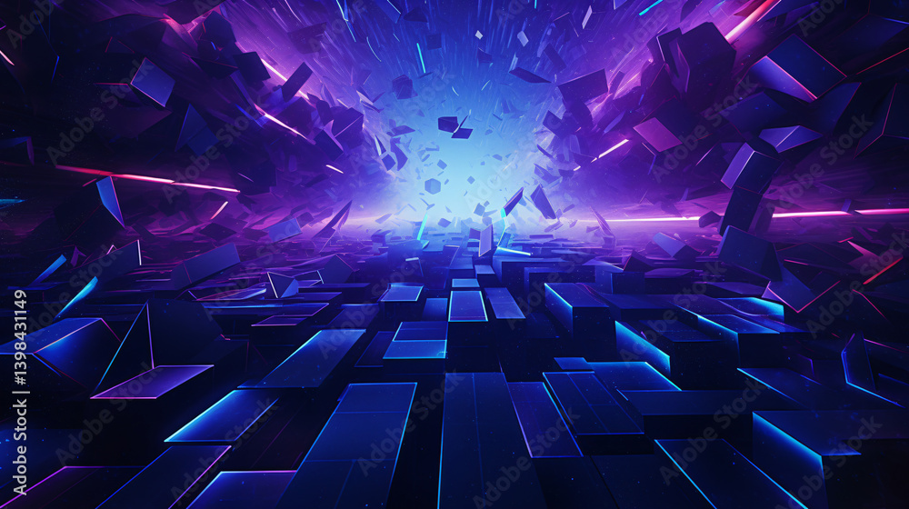Poster striking techy design with glowing purple and blue cubes, futuristic architecture, perfect for digit