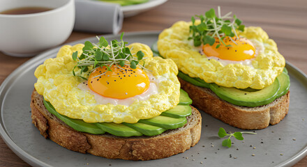 Gourmet Cloud Eggs Toasts With Avocado and Microgreens Delicious Brunch