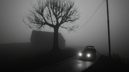 A mysterious car travels down a foggy road at night