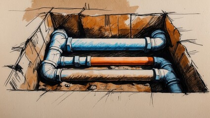 Pipes under ground water color drawing. Blue white and orange tubes connected with corners, hidden below brown soil in sketch style. Plumbing framework construction.